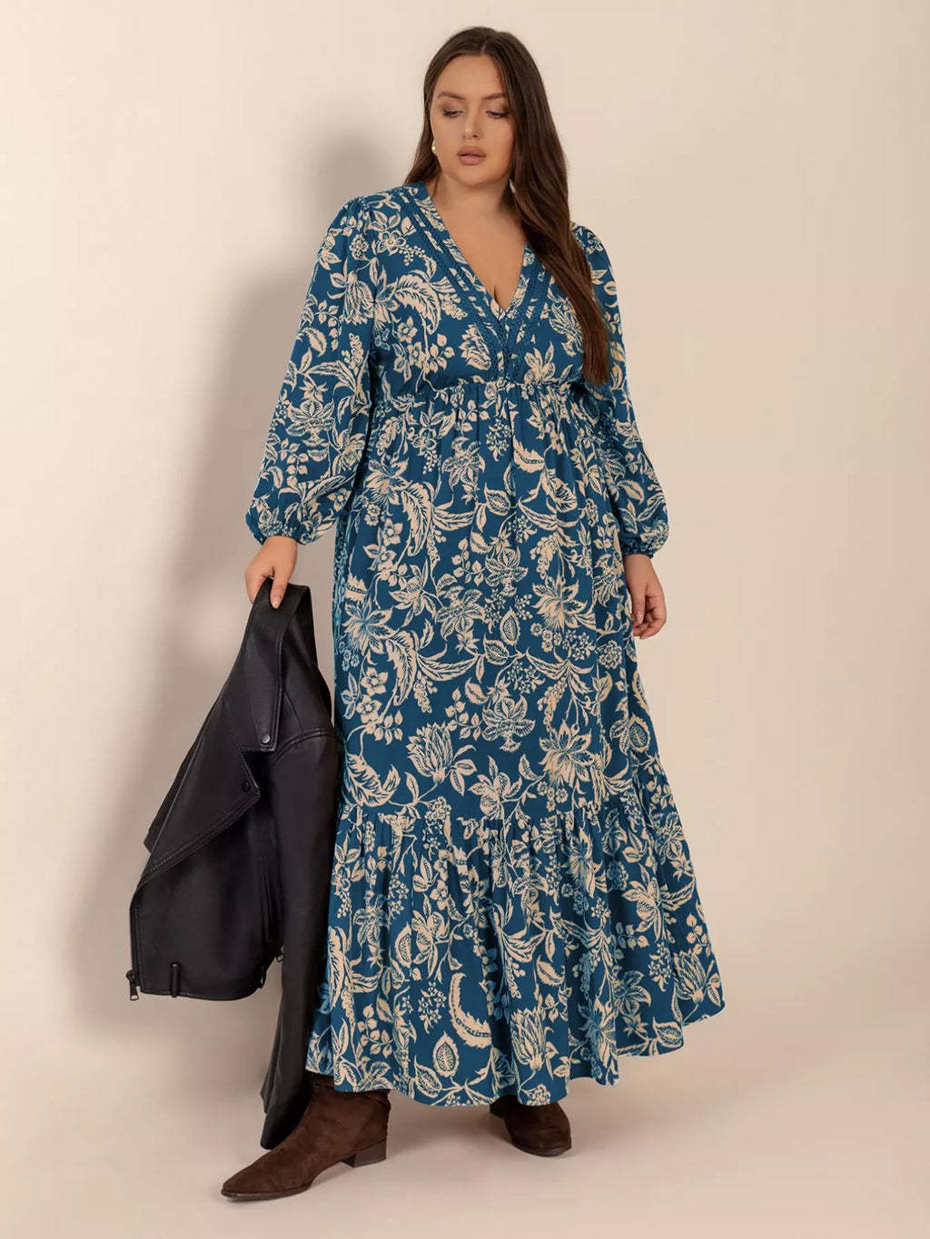 Plus Size Peacock Blue Floral V-Neck Long Sleeve Maxi Dress