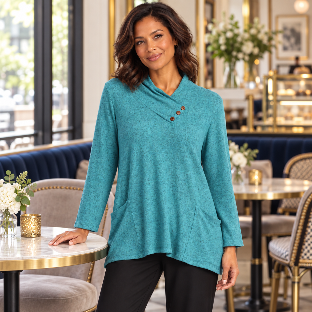 Jess and Jane Brushed Hacci Pleat Neck Tunic Top