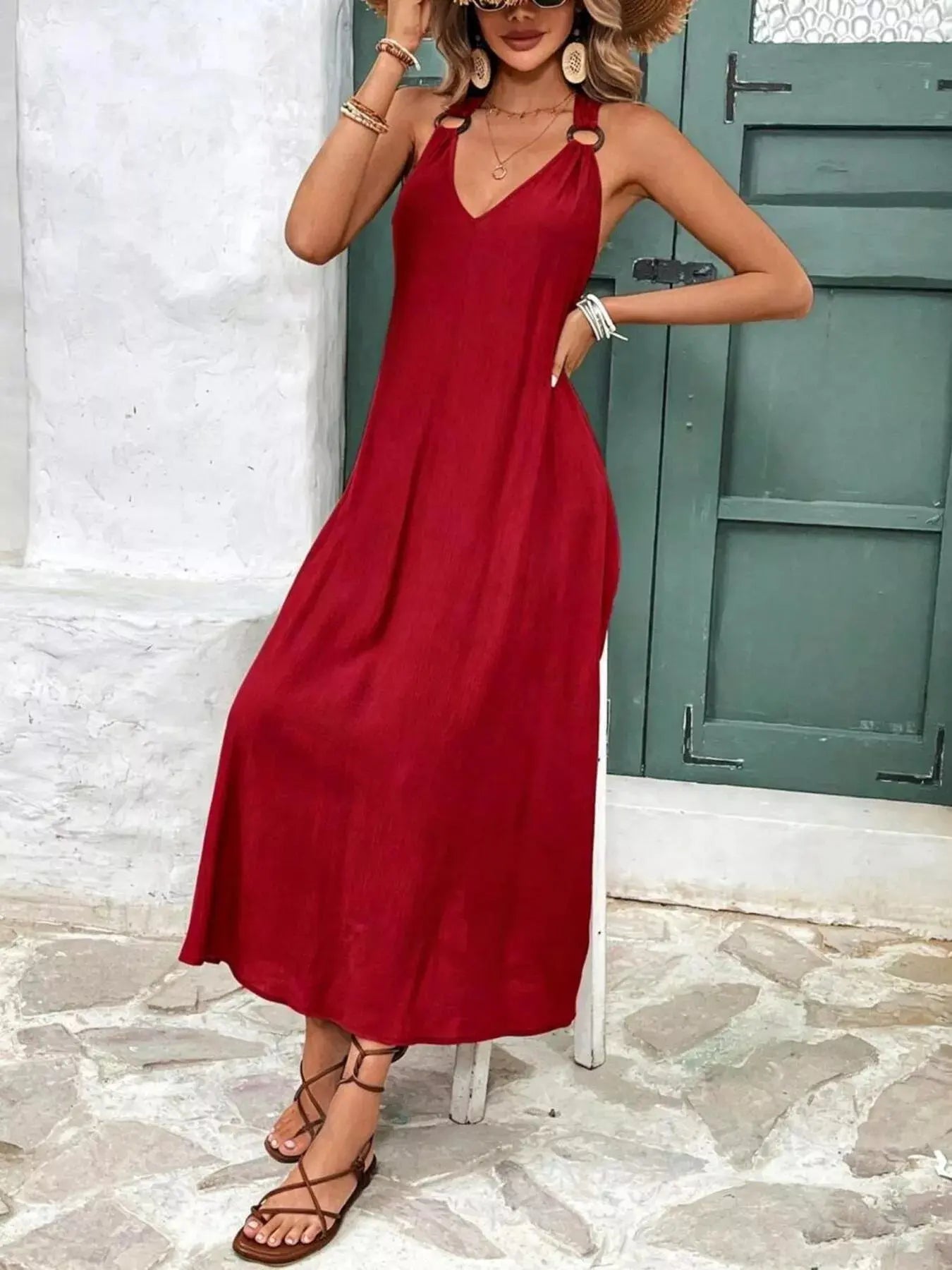 Woman wearing a v-neck sleeveless midi dress from Vicsxox