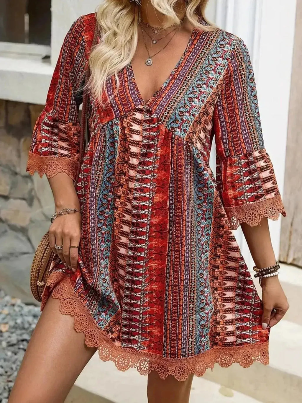 Printed V-Neck A-Line Dress Shopimist