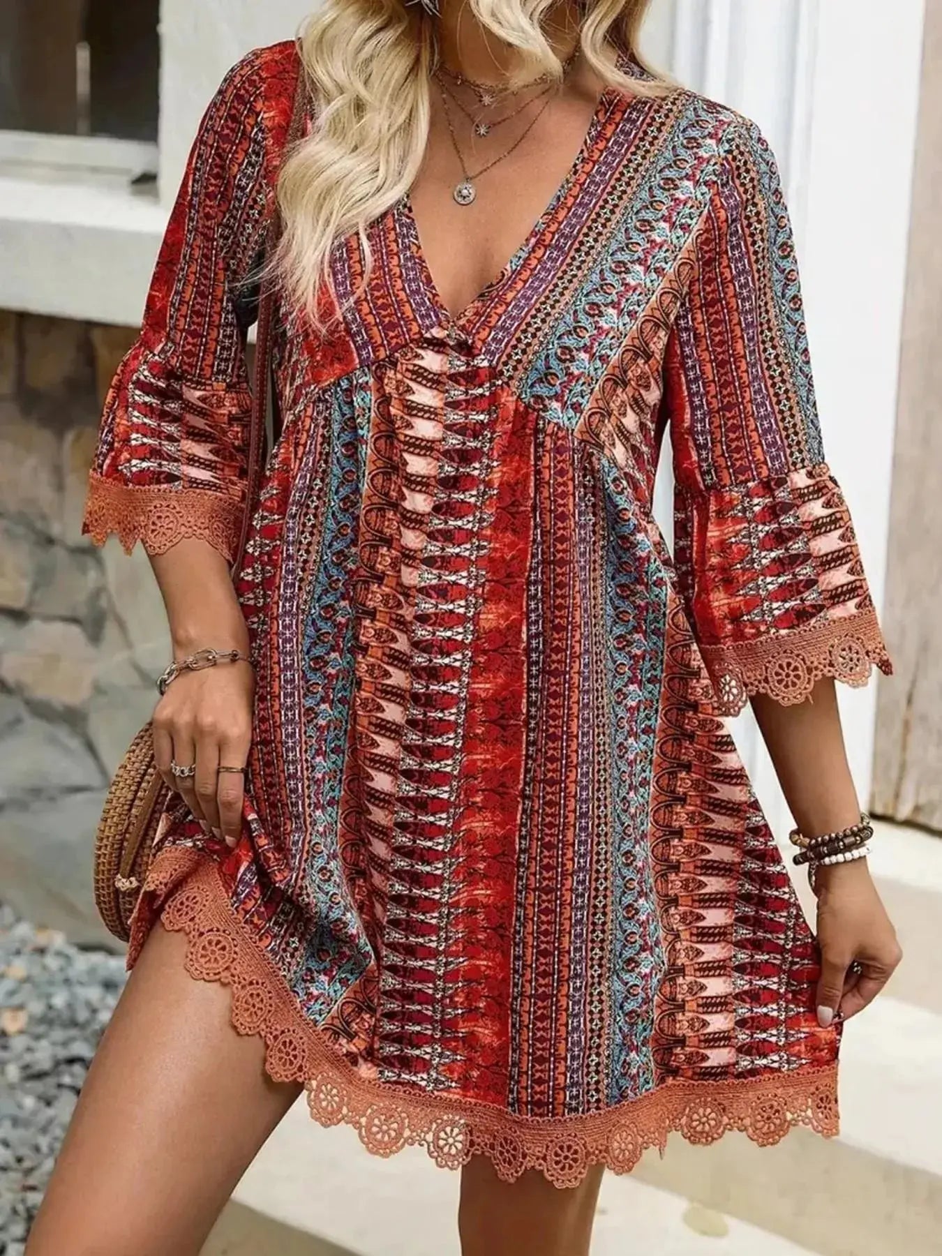 Printed V-Neck A-Line Dress Shopimist