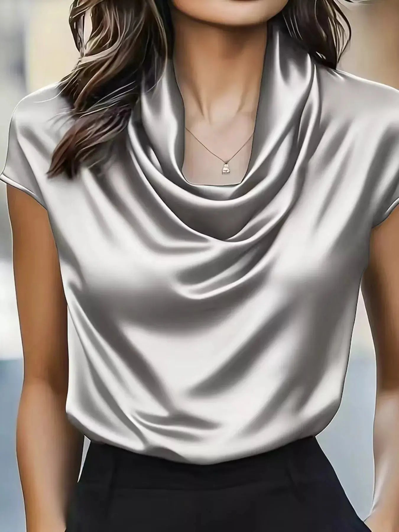 Women's Satin Cowl Neck Blouse – Ruched Detail, 5 Colors, S–2XL Vicsxox