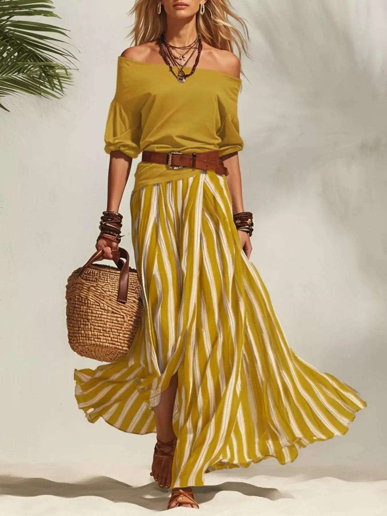 Women's Off-Shoulder Top & Striped Maxi Skirt Set – 9 Colors, S–2XL Vicsxox
