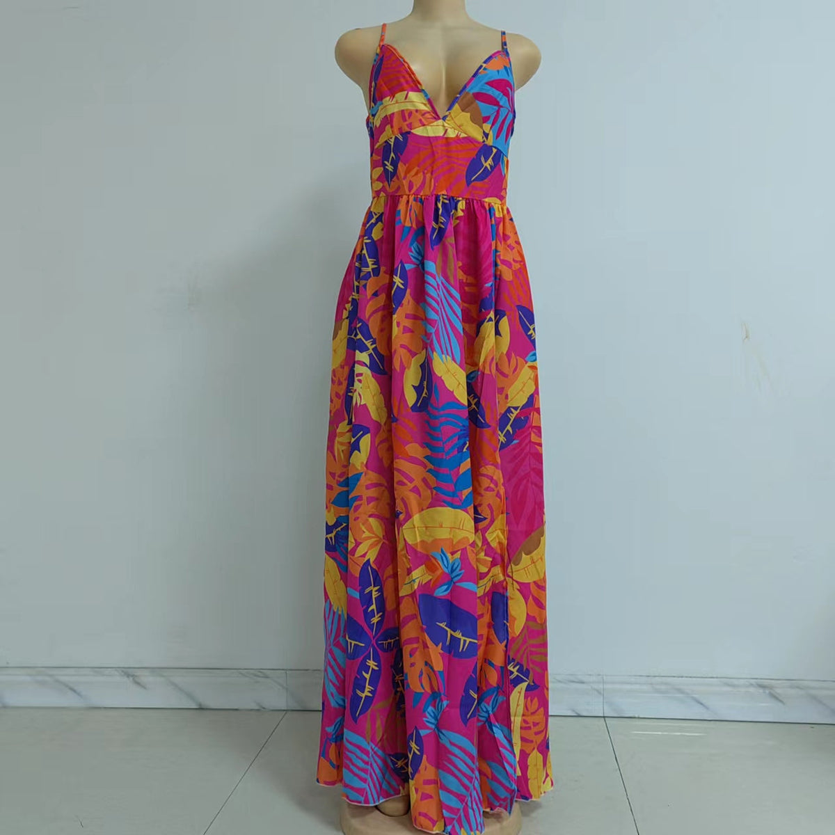 Tropical Leaf V-Neck Cami Maxi Dress with High Slit
