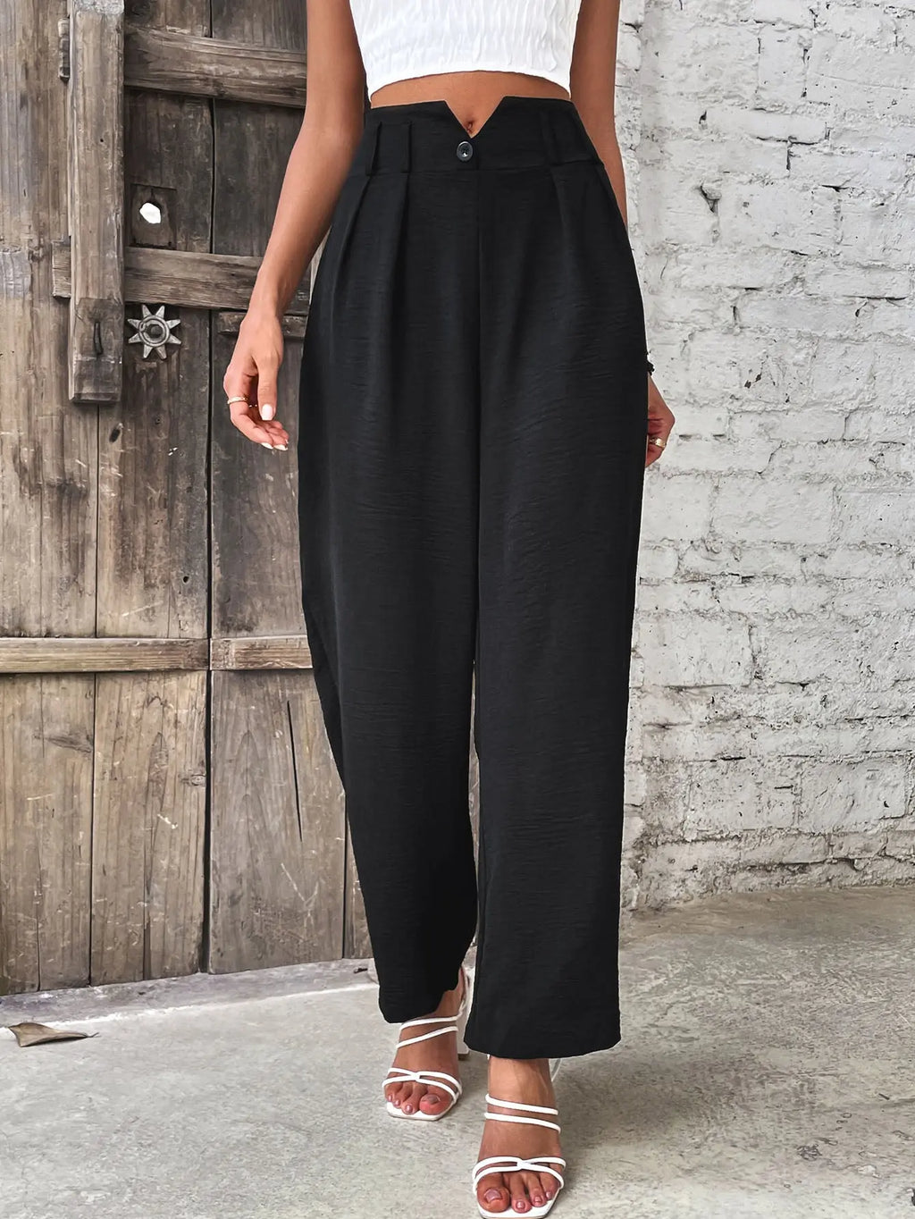 Ruched straight leg pants styled on model
