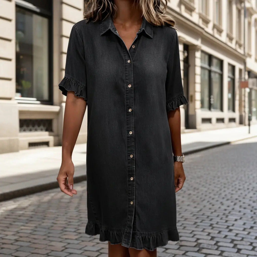 Women's Faux Denim Ruffle-Sleeve Shirt Dress Vicsxox