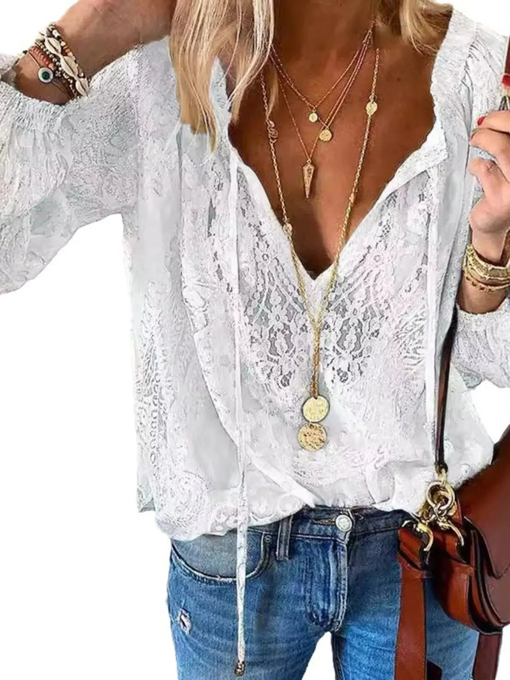 Side view of lace tie-neck blouse