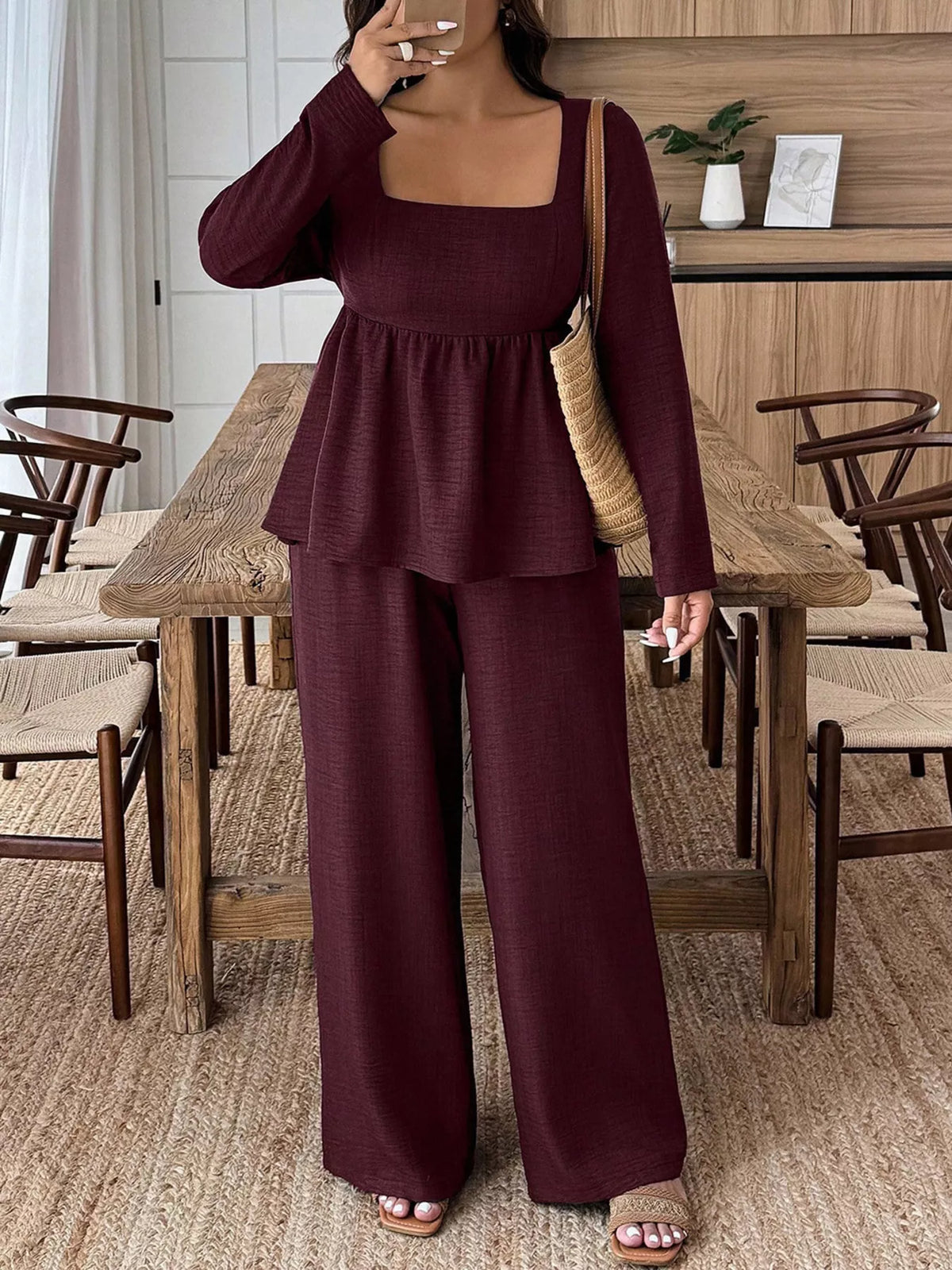 Plus Size Square-Neck Long-Sleeve Top & Pants Set