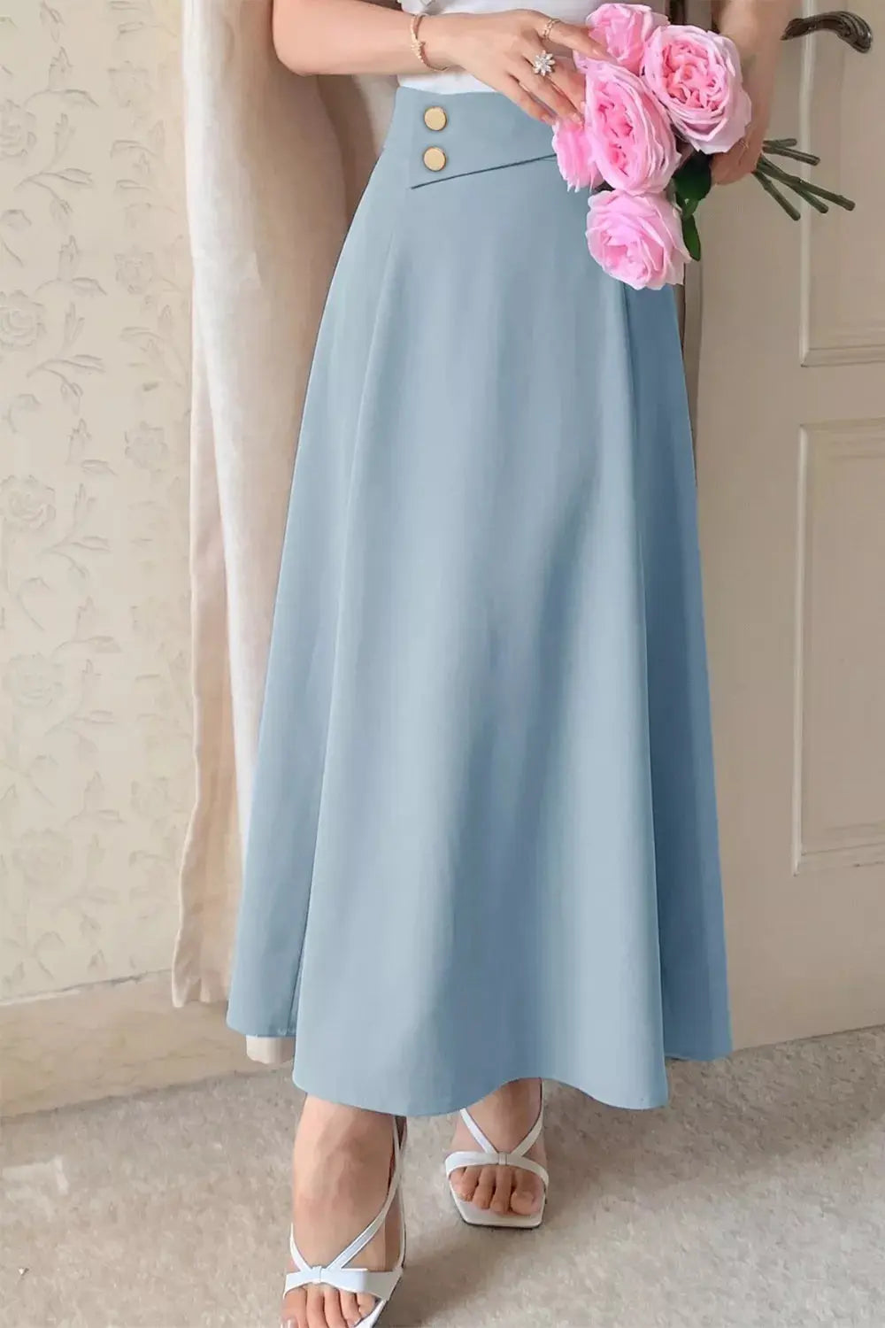 A-line midi skirt styled on model