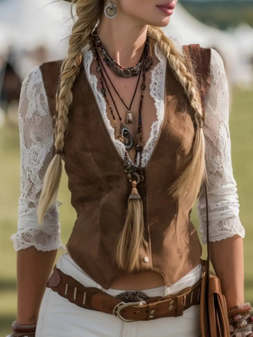 Woman wearing a vintage lace sleeve blouse from Vicsxox