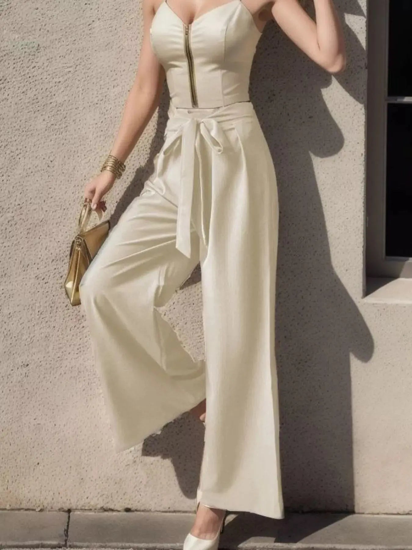 High-waisted wide-leg pants, front view