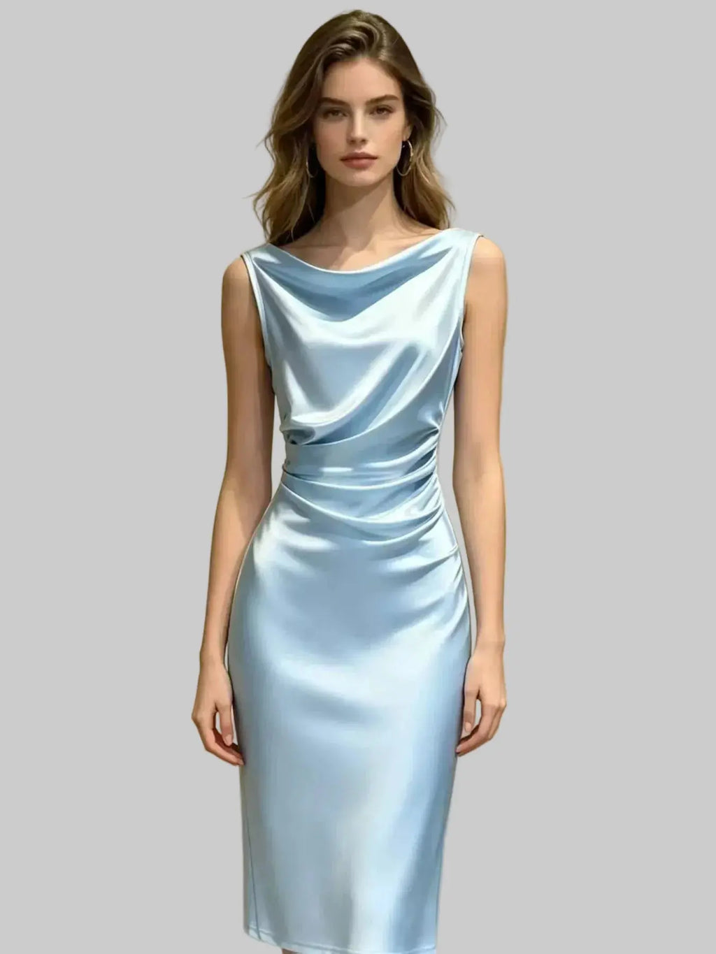Woman wearing a light blue satin dress against a plain background