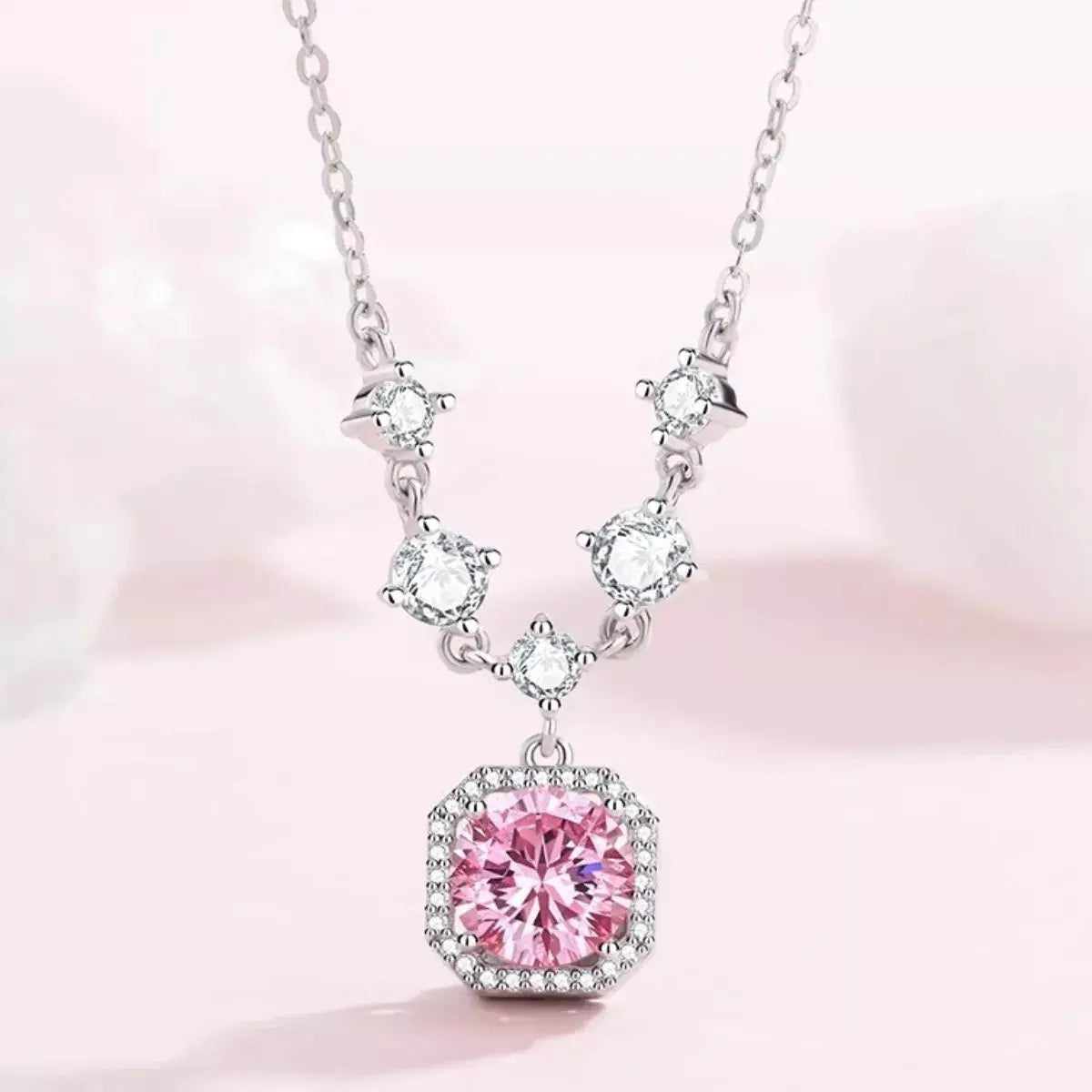 Blush Pink Zircon Pendant Necklace 925 Sterling Silver Vicsxox