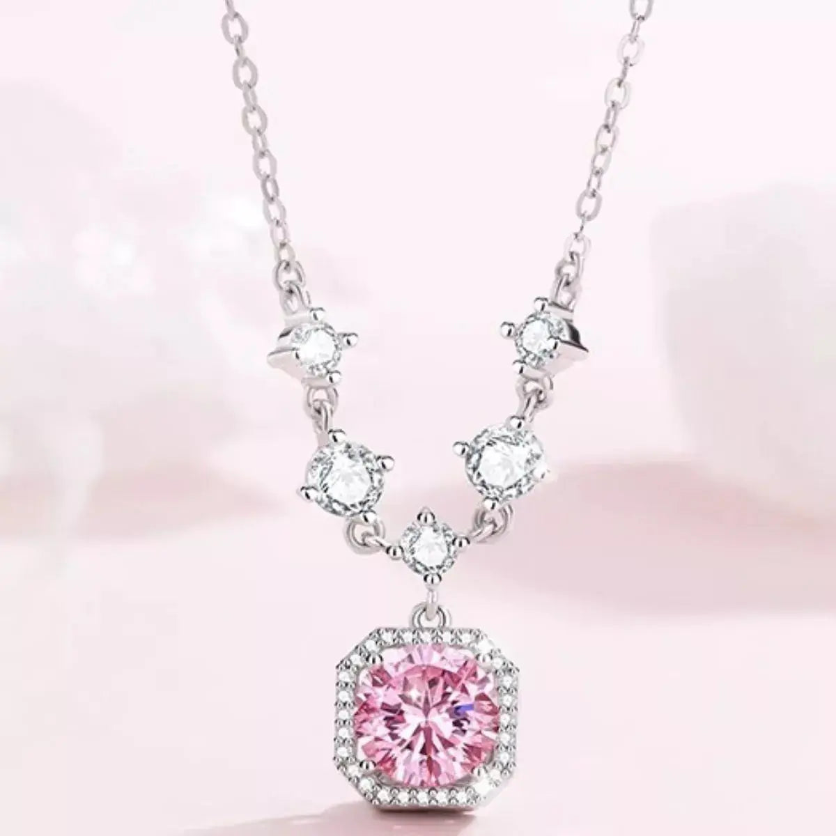 Blush Pink Zircon Pendant Necklace 925 Sterling Silver Vicsxox
