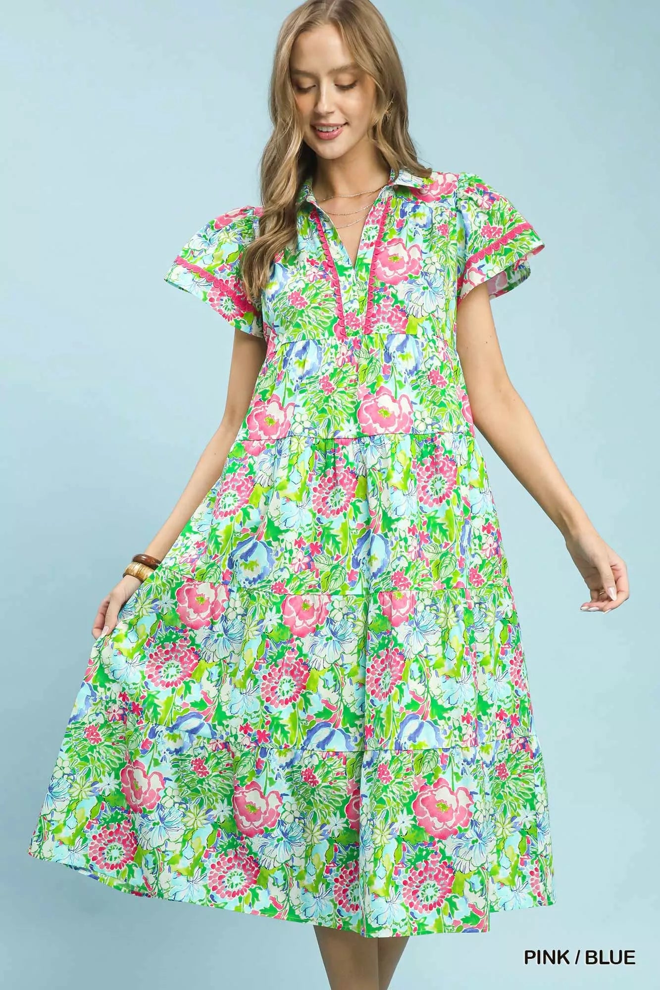 Bold Mixed Floral Tiered Midi Dress Vicsxox.com