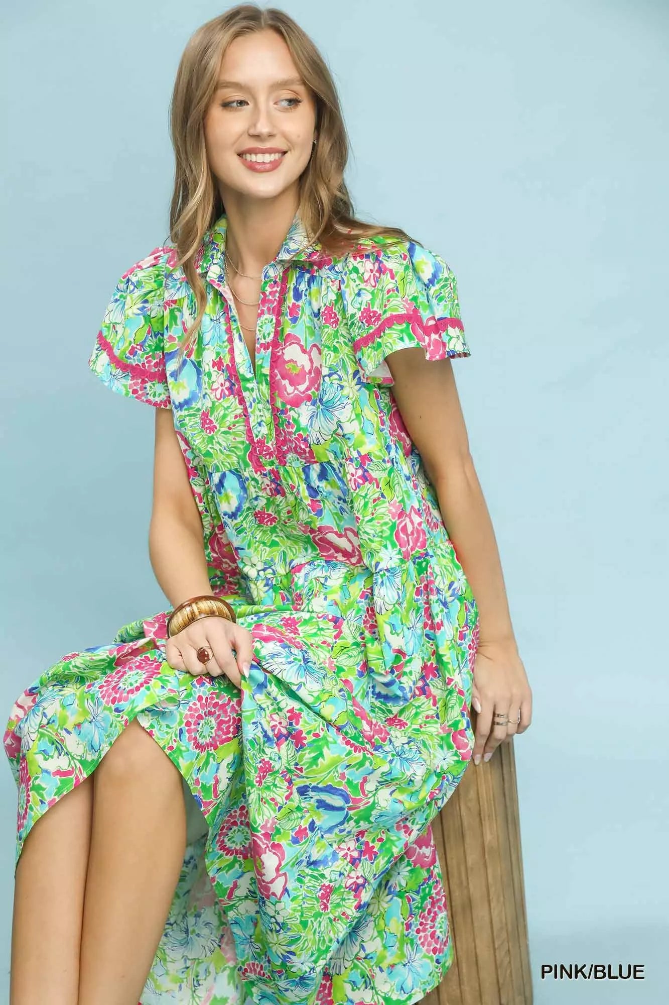 Bold Mixed Floral Tiered Midi Dress Vicsxox.com
