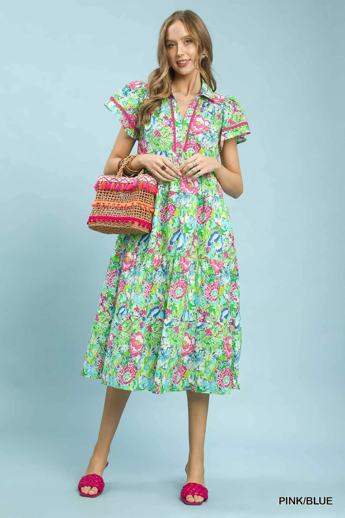 Bold Mixed Floral Tiered Midi Dress Vicsxox.com