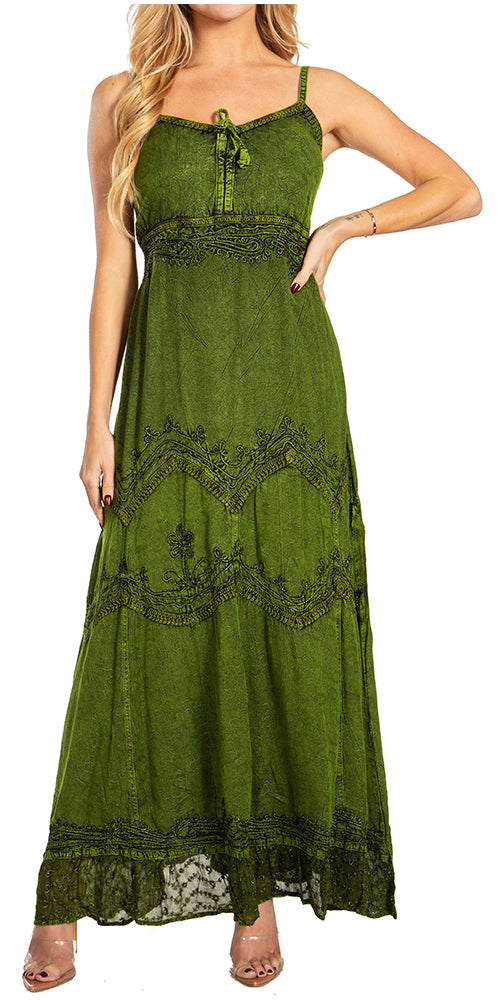 Sakkas Amy Stonewashed Rayon Embroidered Long Dress