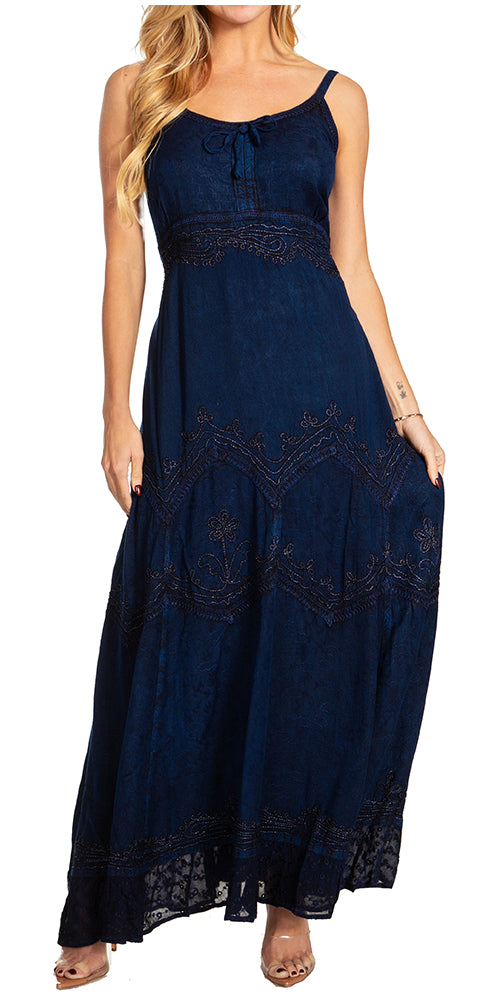 Sakkas Amy Stonewashed Rayon Embroidered Long Dress
