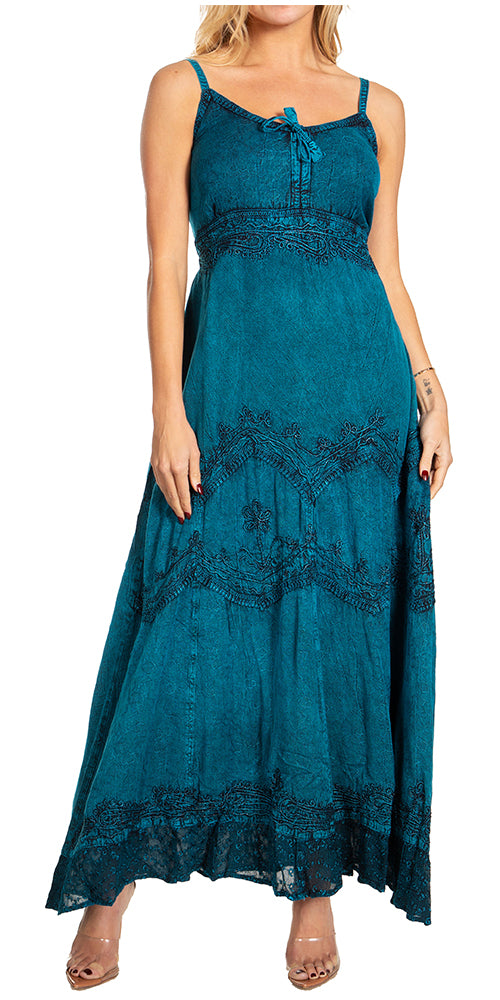 Sakkas Amy Stonewashed Rayon Embroidered Long Dress