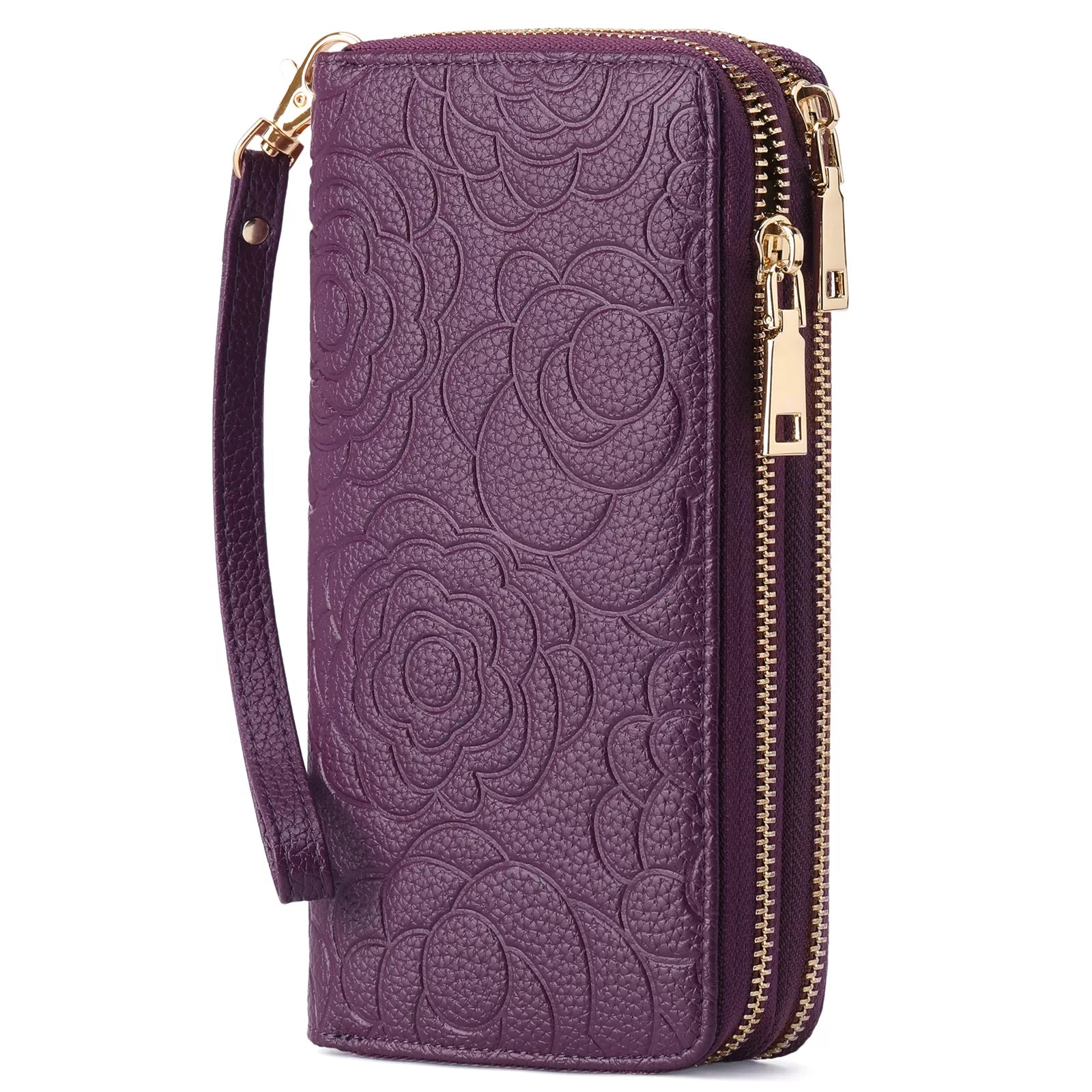 Embossed Camellia Floral Double Zip Wallet Wristlet Vicsxox.com