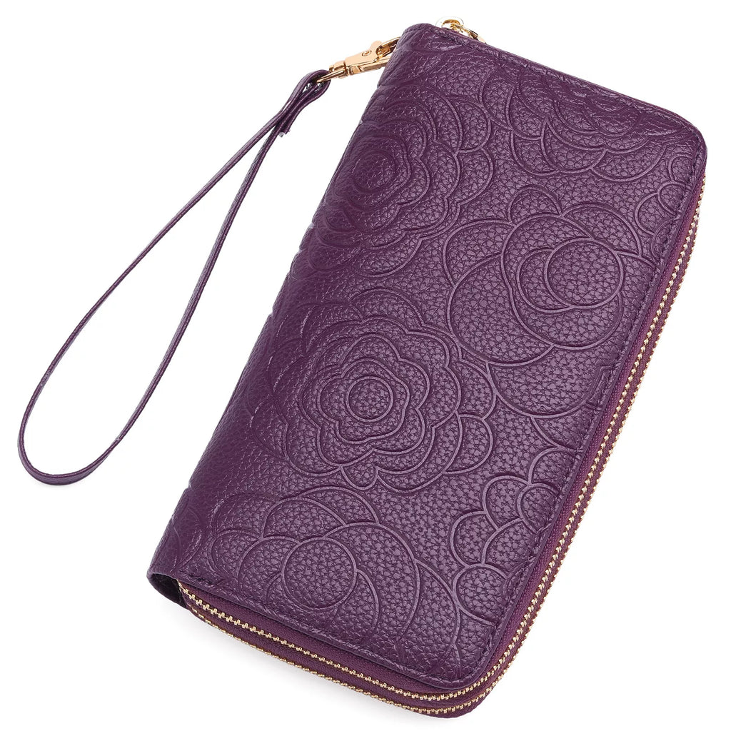 Embossed Camellia Floral Double Zip Wallet Wristlet Vicsxox