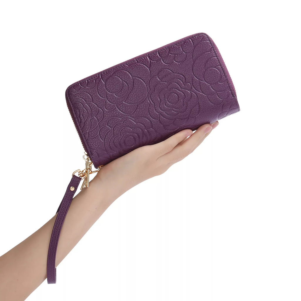 Embossed Camellia Floral Double Zip Wallet Wristlet Vicsxox
