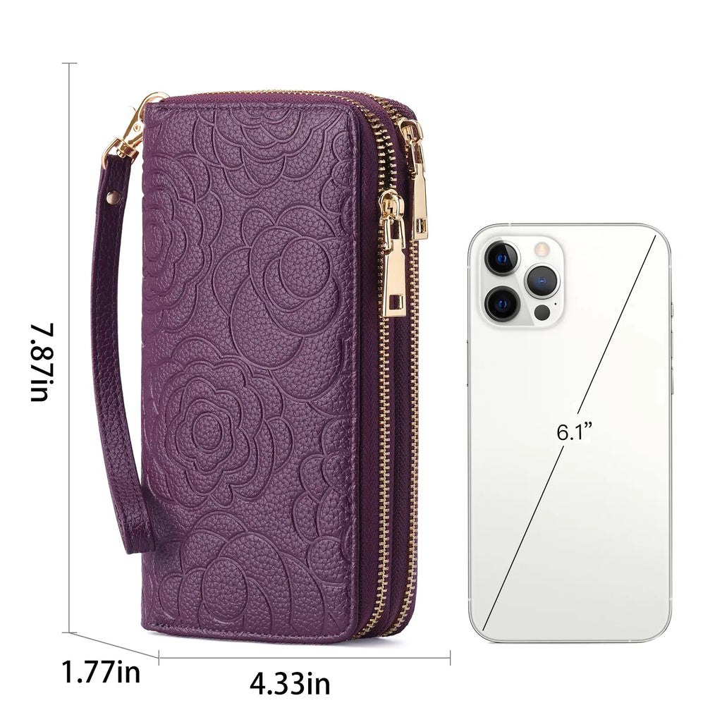 Embossed Camellia Floral Double Zip Wallet Wristlet Vicsxox