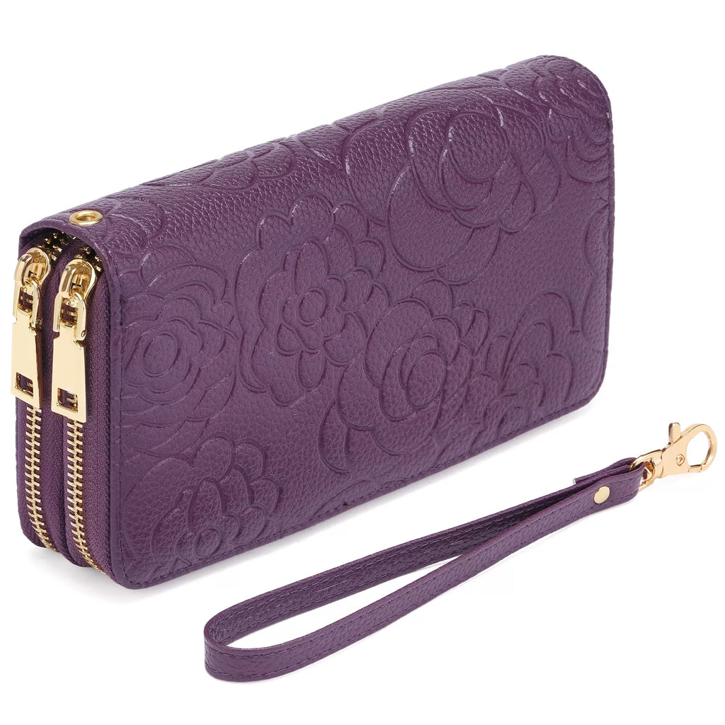 Embossed Camellia Floral Double Zip Wallet Wristlet Vicsxox