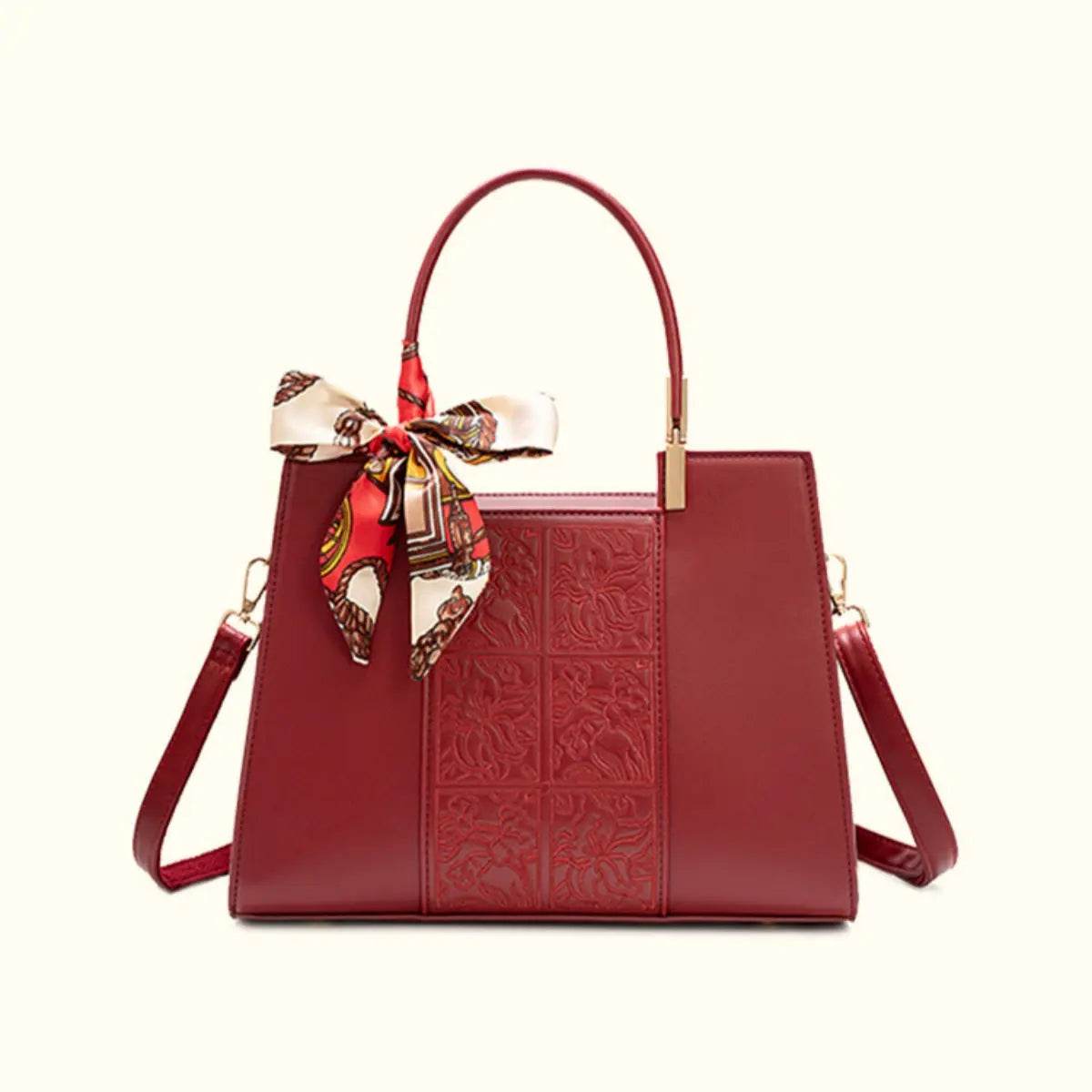 Embossed floral vegan leather top-handle handbag with scarf, front view Vicsxox.com