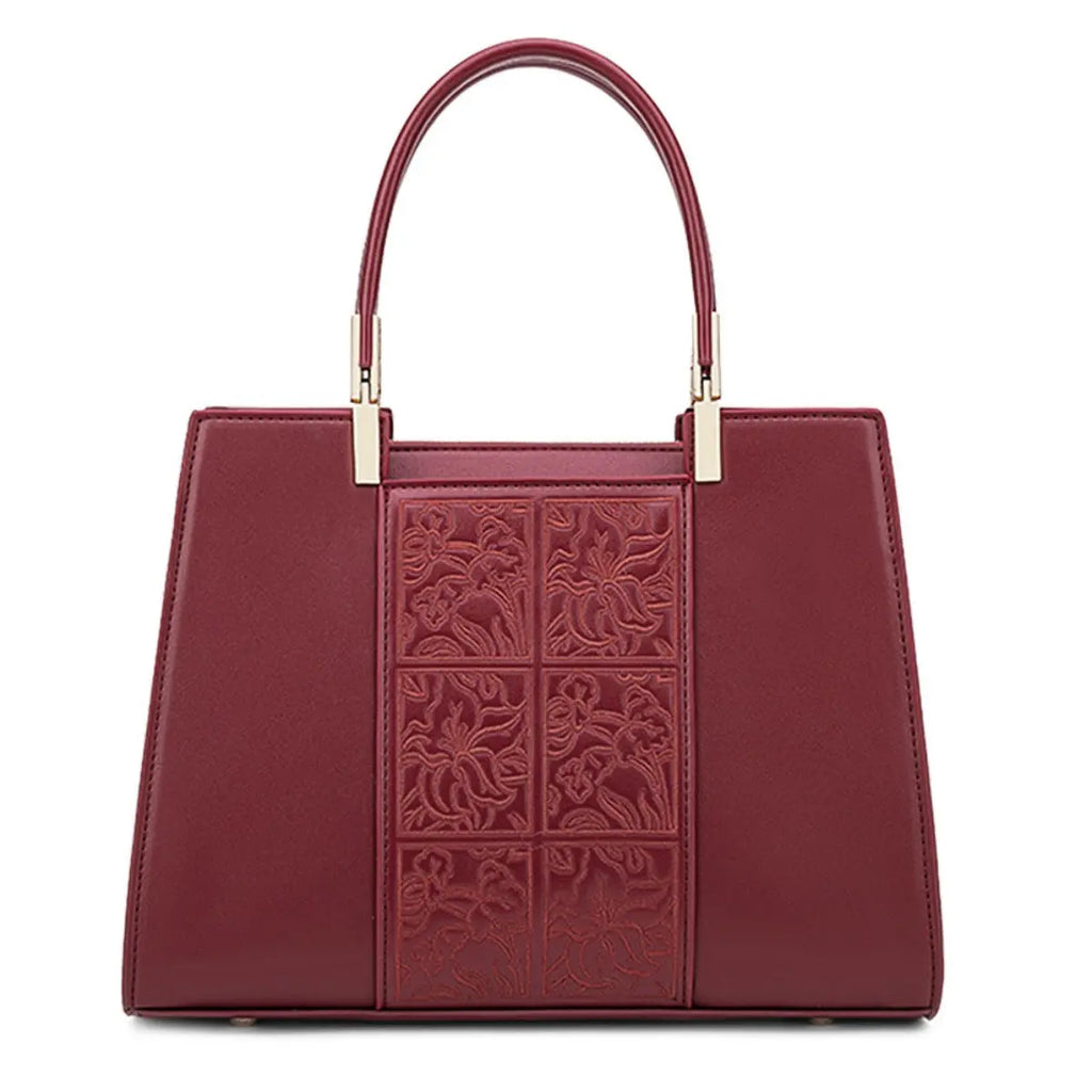 Embossed floral vegan leather top-handle handbag with scarf, front view Vicsxox.com