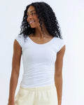 Woman wearing a white sleeveless top against a plain background