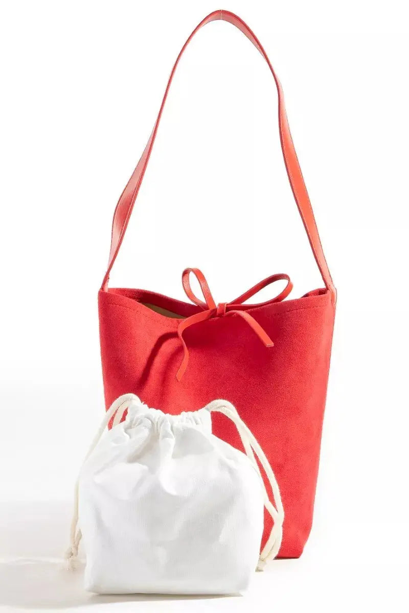 Faux Suede Bucket Tote Bag with Bow Tie Closure & Inner Pouch Vicsxox.com