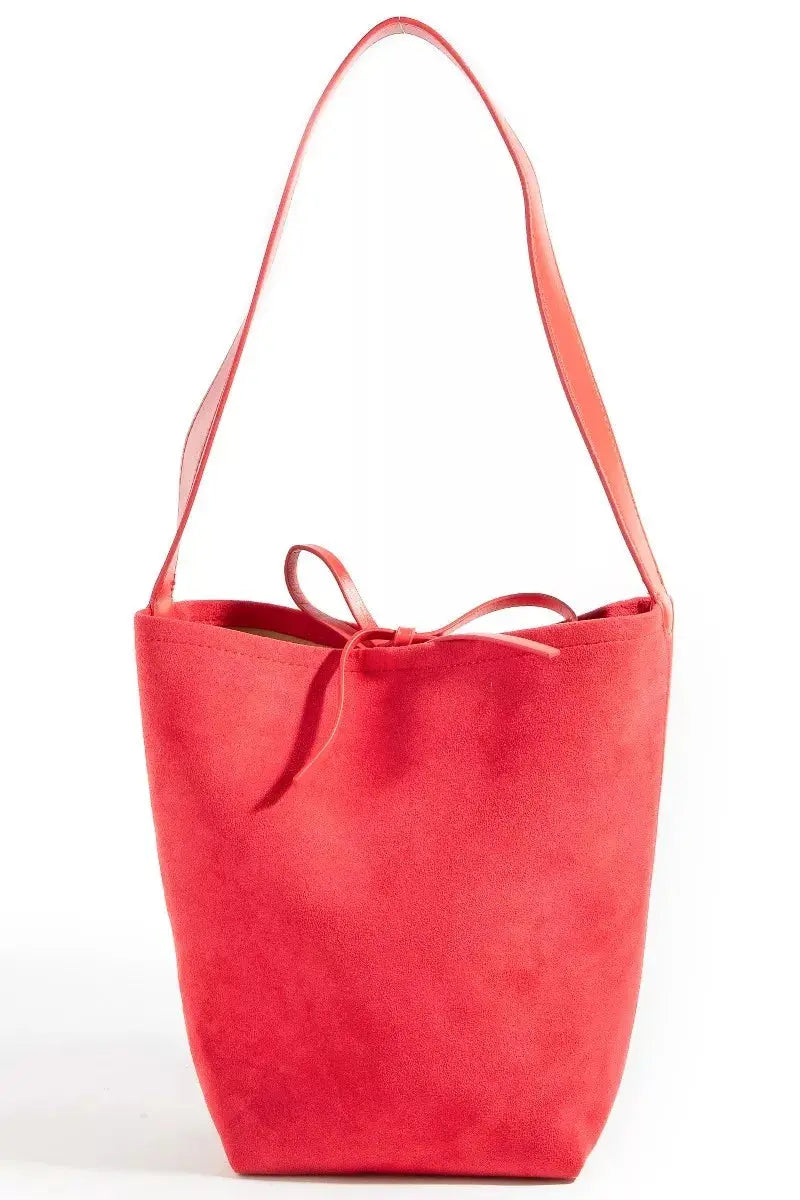 Faux Suede Bucket Tote Bag with Bow Tie Closure & Inner Pouch Vicsxox.com