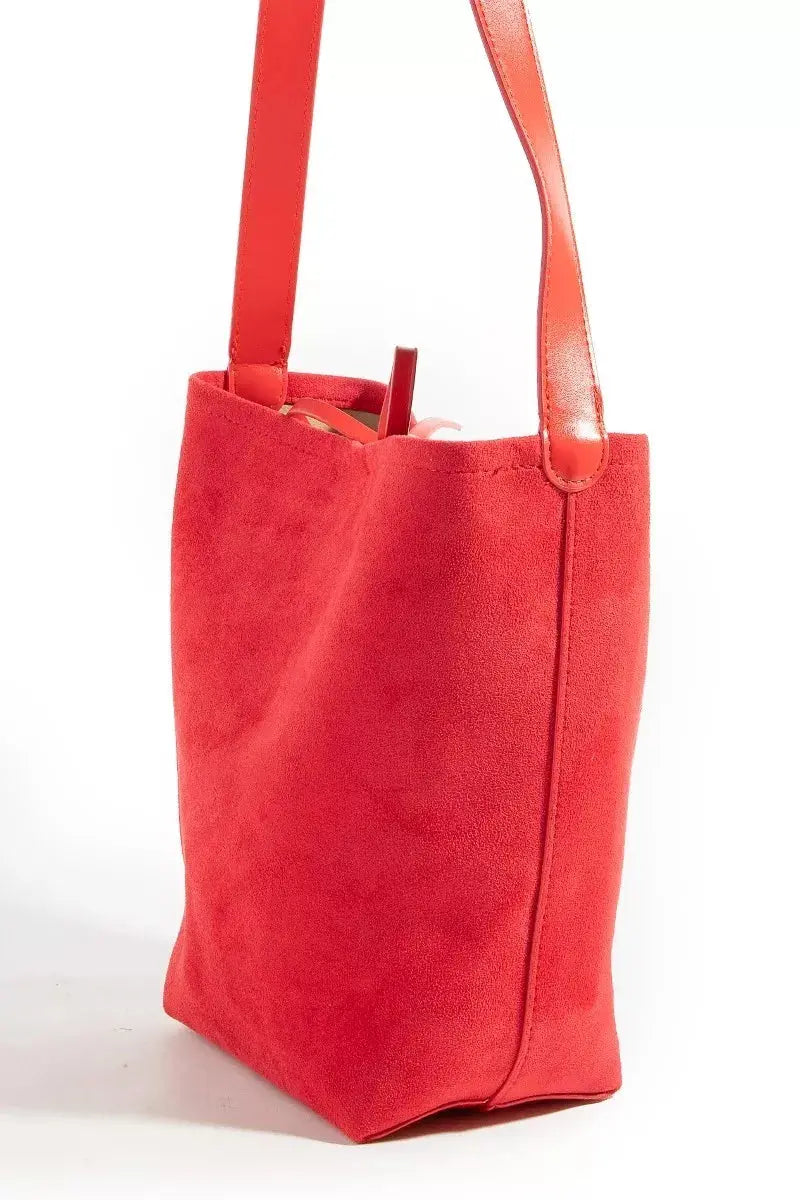 Faux Suede Bucket Tote Bag with Bow Tie Closure & Inner Pouch Vicsxox.com