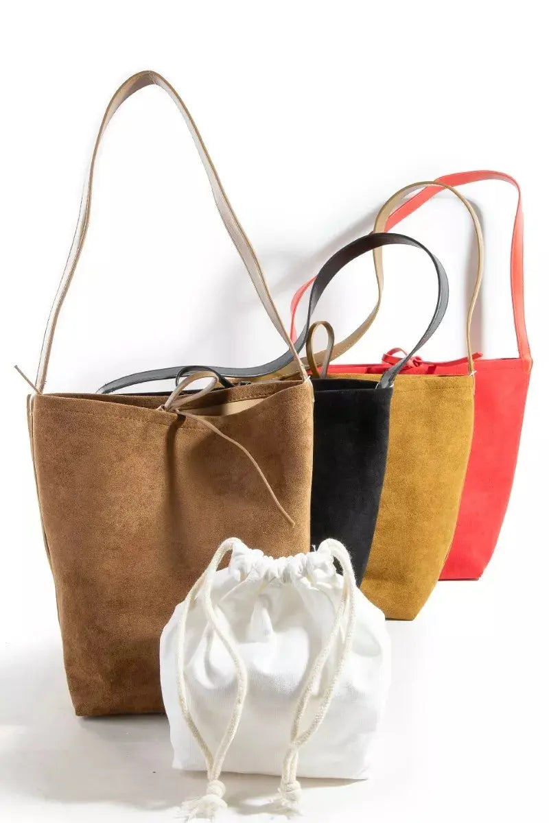 Faux Suede Bucket Tote Bag with Bow Tie Closure & Inner Pouch Vicsxox.com