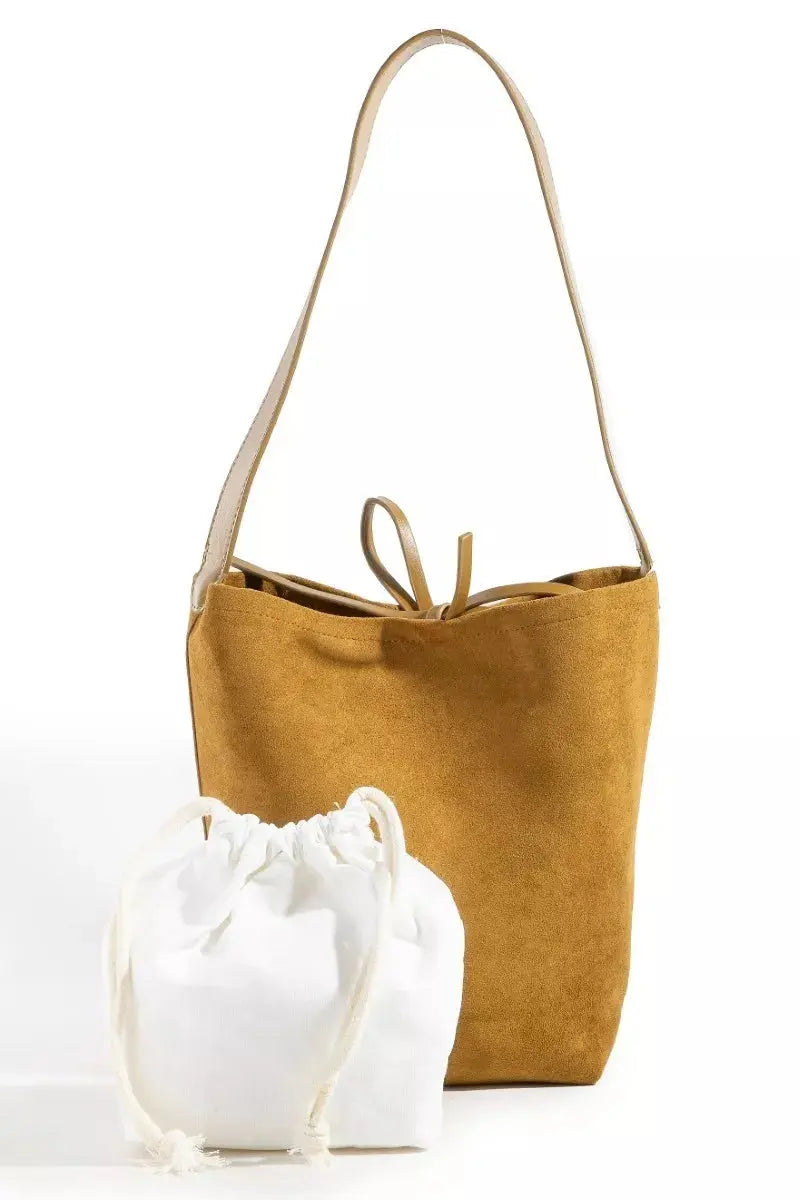 Faux Suede Bucket Tote Bag with Bow Tie Closure & Inner Pouch Vicsxox.com
