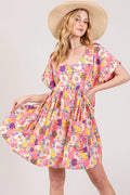 Floral Short Sleeve Babydoll Dress with Pockets Vicsxox.com