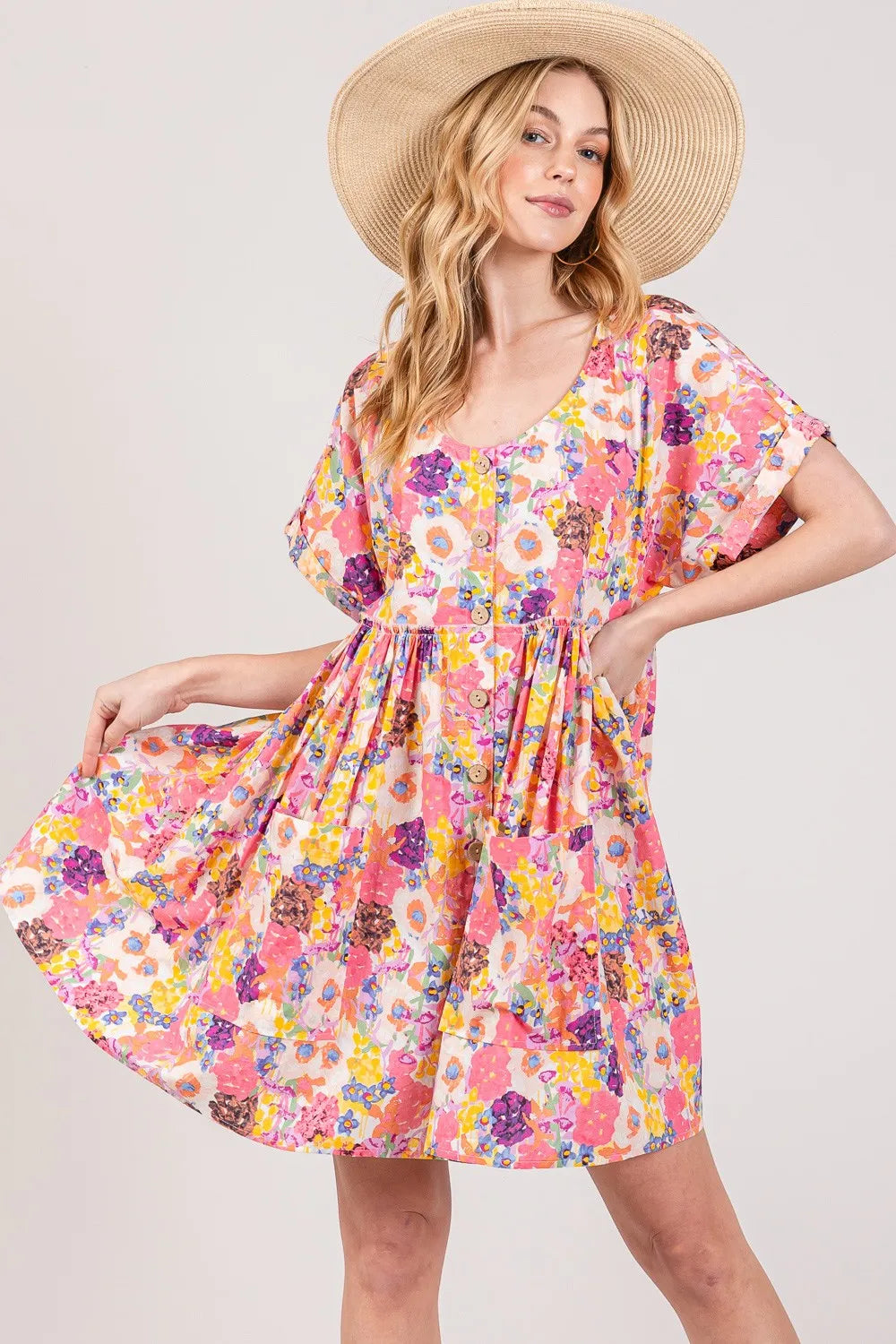 Floral Short Sleeve Babydoll Dress with Pockets Vicsxox.com
