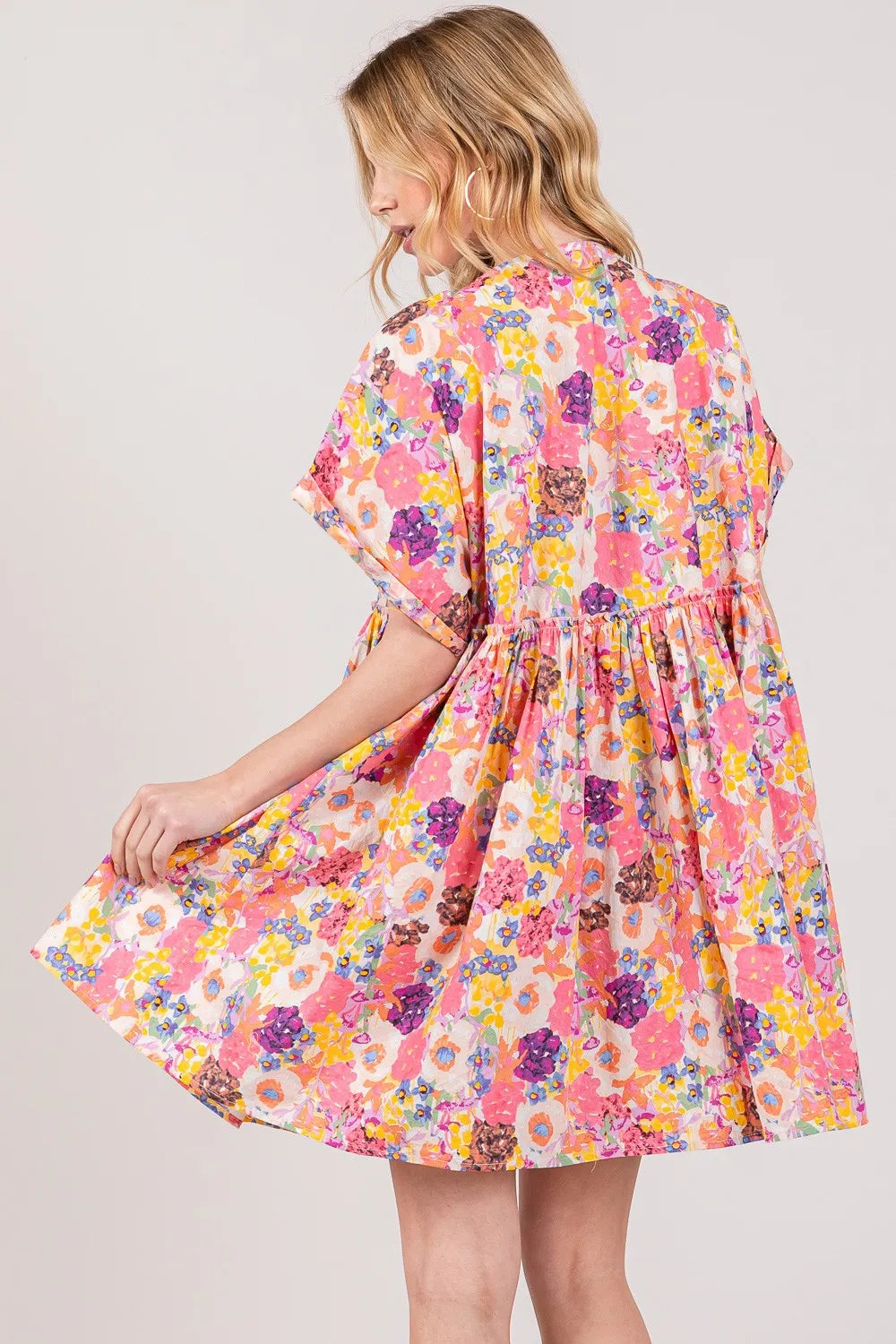 Floral Short Sleeve Babydoll Dress with Pockets Vicsxox.com