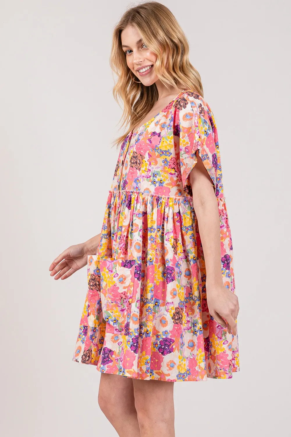 Floral Short Sleeve Babydoll Dress with Pockets Vicsxox.com