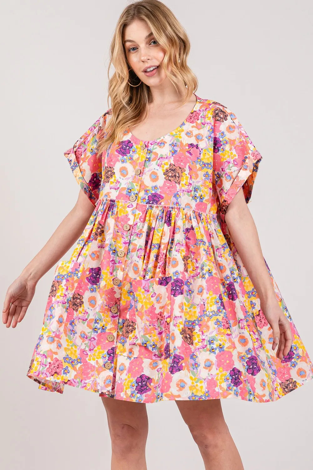 Floral Short Sleeve Babydoll Dress with Pockets Vicsxox.com
