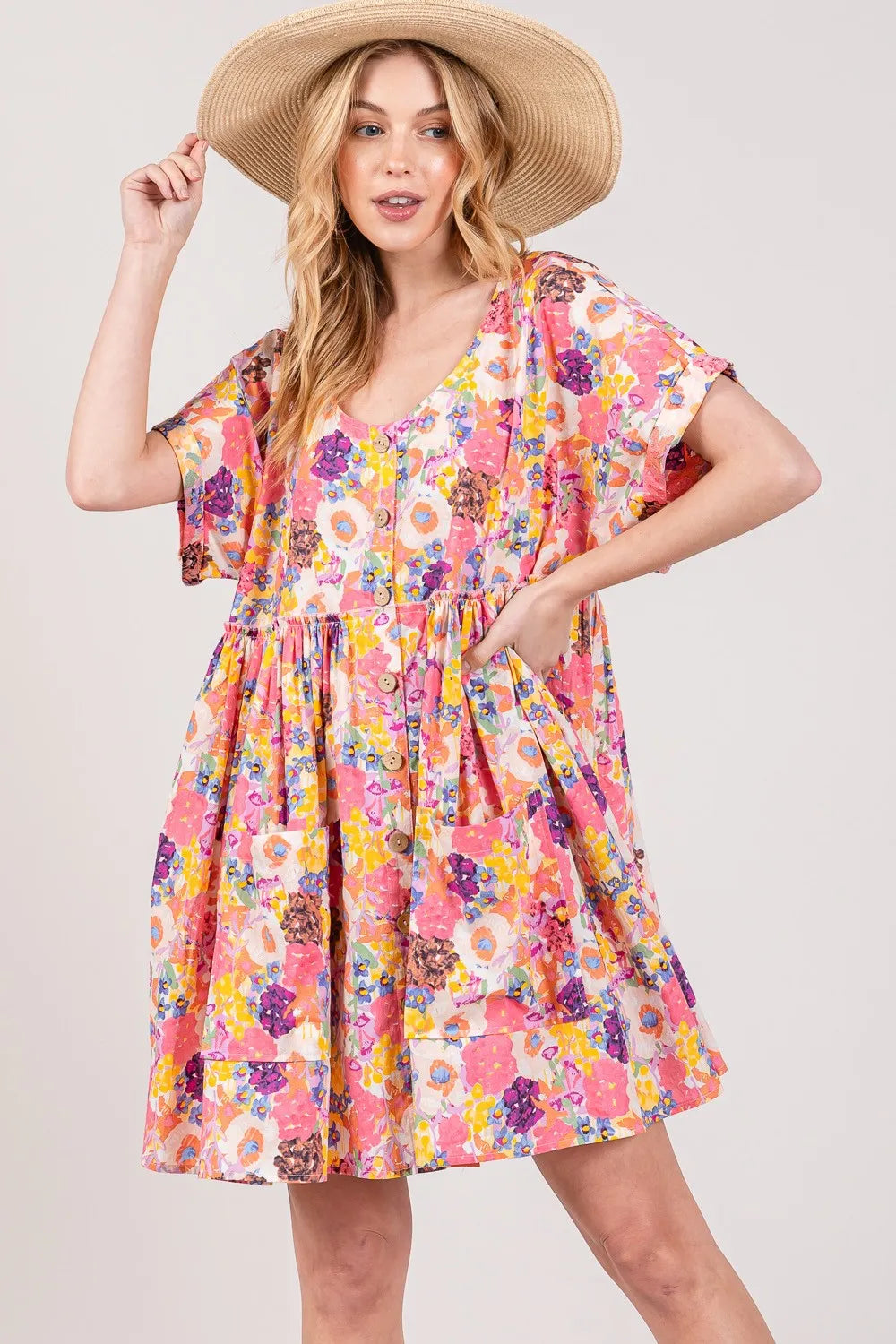 Floral Short Sleeve Babydoll Dress with Pockets Vicsxox.com