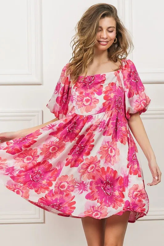 Floral Square Neck Puff Sleeve Mini Dress Vicsxox.com
