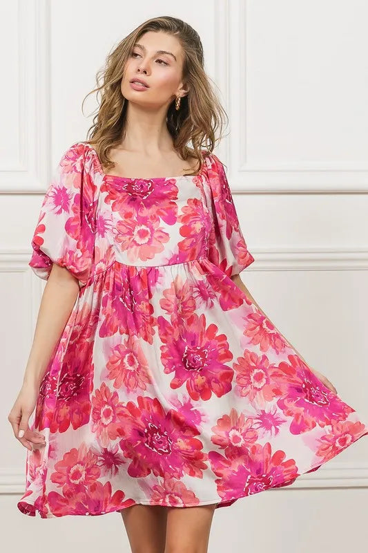 Floral Square Neck Puff Sleeve Mini Dress Vicsxox.com