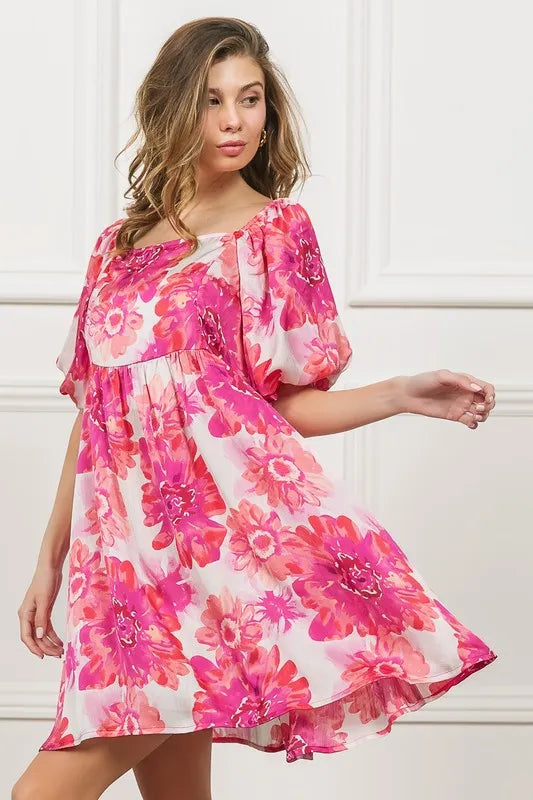 Floral Square Neck Puff Sleeve Mini Dress Vicsxox.com