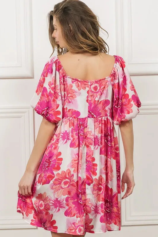 Floral Square Neck Puff Sleeve Mini Dress Vicsxox.com