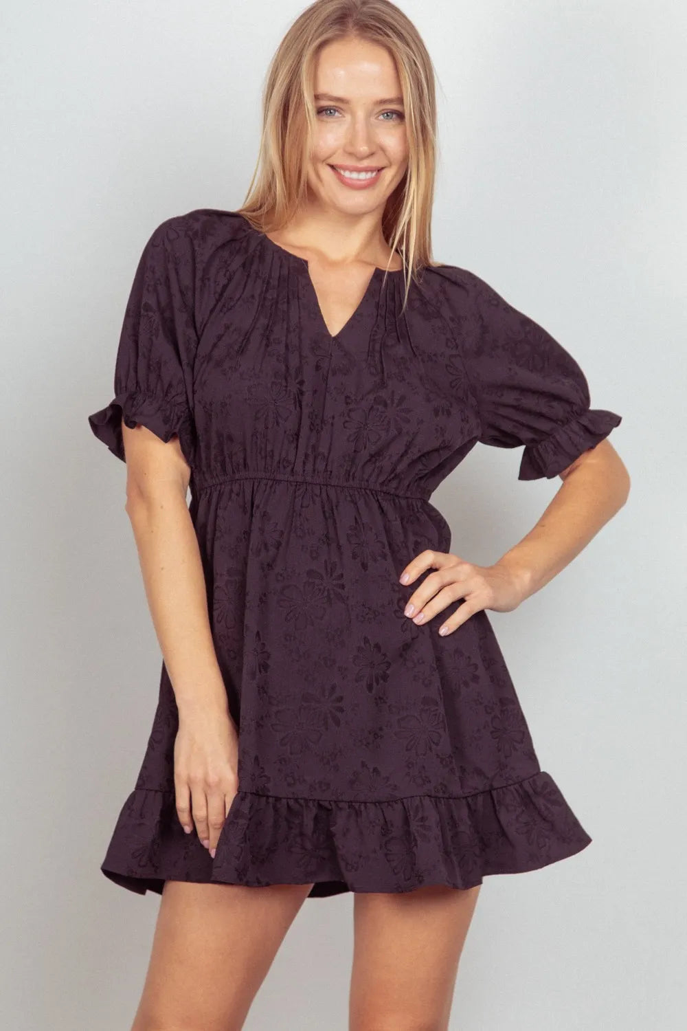 Floral Textured Woven Ruffled Mini Dress Vicsxox.com