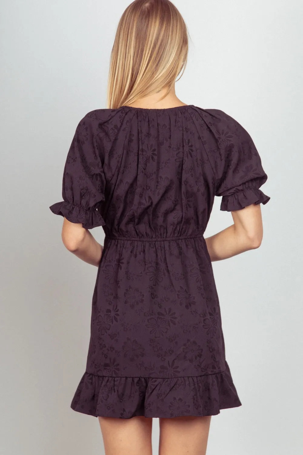 Floral Textured Woven Ruffled Mini Dress Vicsxox.com