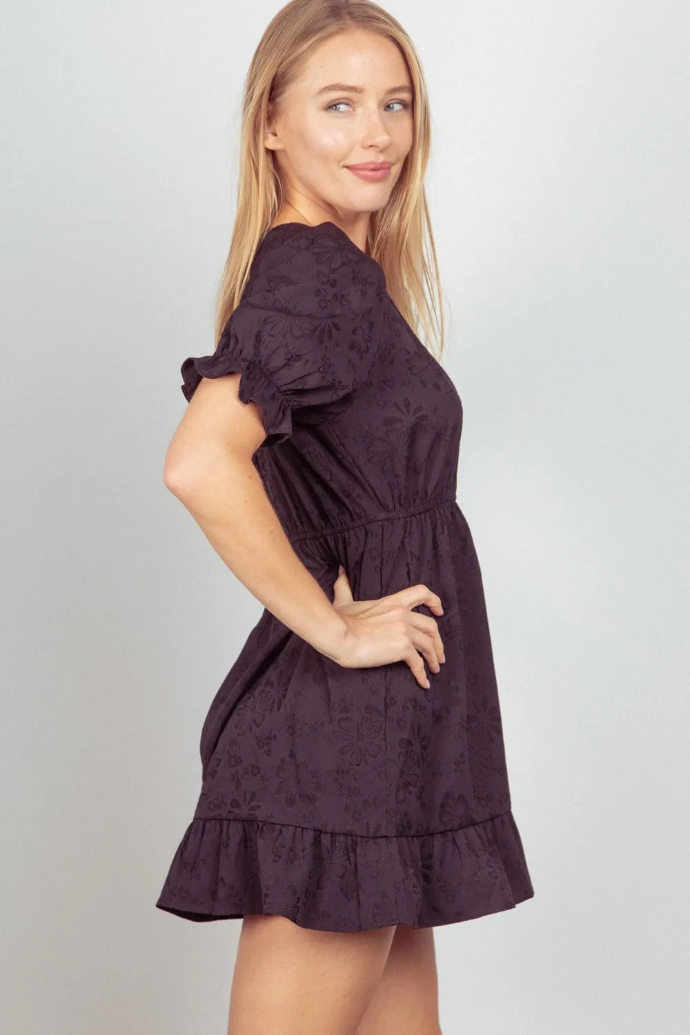 Floral Textured Woven Ruffled Mini Dress Vicsxox.com